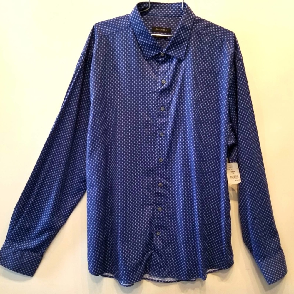 Bugatchi NEW Men's Navy Blue Diamond Long Sleeve Dress Shirt Shaped‎ Size…